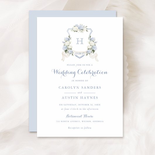 Floral Blue Hydrangea Crest Monogram Bruiloft Kaart