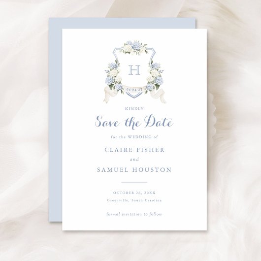 Floral Blue Hydrangea Crest Monogram De datum opsl Kaart