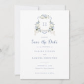 Floral Blue Hydrangea Crest Monogram De datum opsl Kaart (Voorkant)