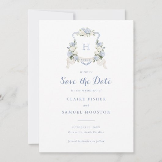 Floral Blue Hydrangea Crest Monogram De datum opsl Kaart (Voorkant)