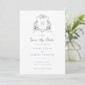 Floral Blue Hydrangea Crest Monogram De datum opsl Kaart (Staand voorkant)