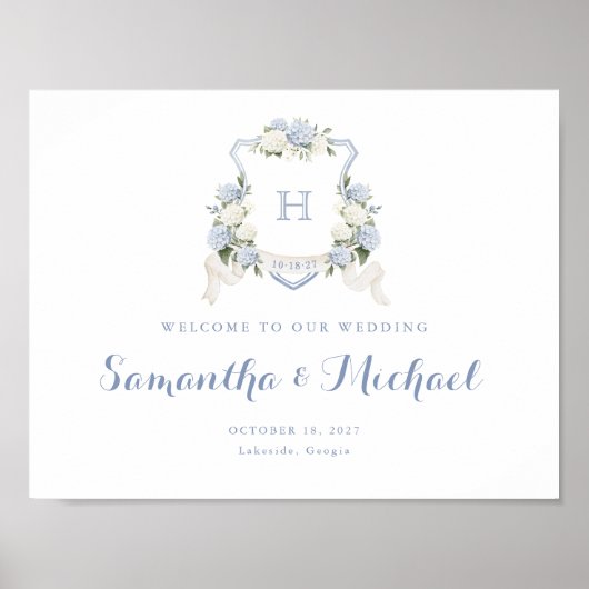Floral Blue Hydrangea Crest Monogram Welkomstbord Poster (Voorkant)