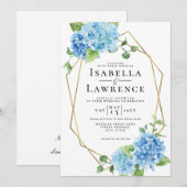 Floral Blue Hydrangea Gold Lijst Wedding Kaart (Voorkant / Achterkant)