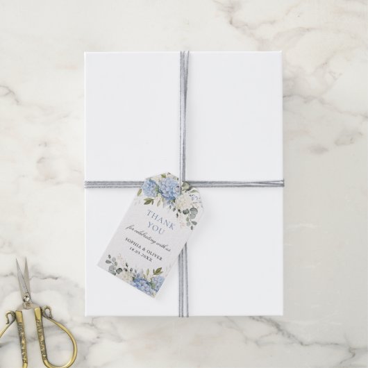 Floral Blue Hydrangea groen bruiloft dank u Cadeaulabel (Met Touw)