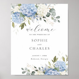 Floral Blue Hydrangea groen bruiloft welkom Poster