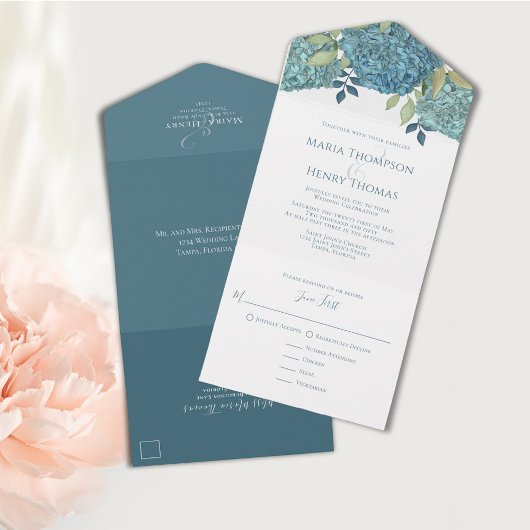 Floral Blue Hydrangea Guest Recipiems All In One Uitnodiging