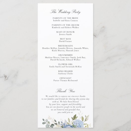 Floral Blue Hydrangea Programme de mariage vert (Dos)