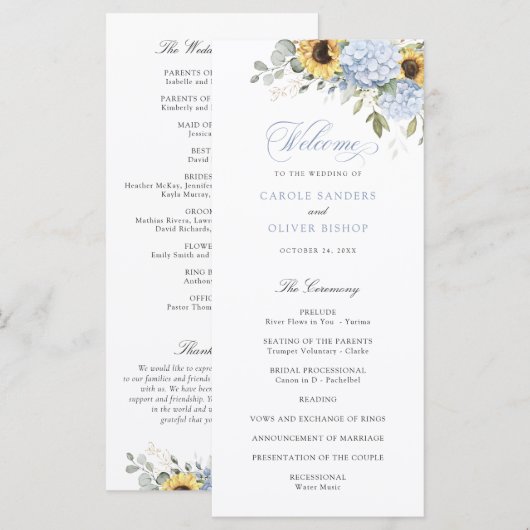 Floral Blue Hydrangea Sunflowers Programme de mari (Devant / Derrière)