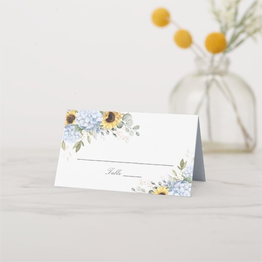 Floral Blue Hydrangea Zonnebloem Trouwplaats Kaart (Voorkant)
