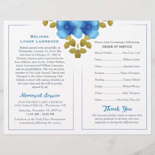 Floral Blue Memorial of Funeral Service Programme (Achterkant)