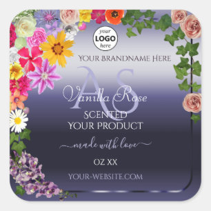 Floral Blue Product Packaging Étiquettes Monogramm
