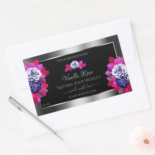 Floral Blue Roses Product Labels Black Silver (Envelop)
