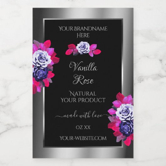 Floral Blue Roses Product Labels Black Silver Voedselcontainer Etiket (Enkel label)