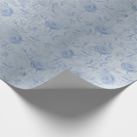Floral Blue Rozen Silver Shimmer Chic Cadeaupapier (Hoek)