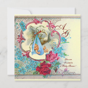 FLORAL BLUE STORK BOY BABY SHOWER PINK ROSES White Kaart