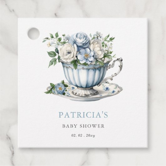 Floral Blue Tea Party Boy Baby shower Bedankjes Labels (Voorkant)