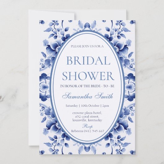 Floral Blue Toile De Jouy Bridal Shower Invitation (Devant)