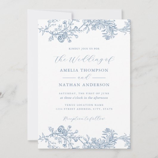  Floral Blue Wedding Kaart (Voorkant)