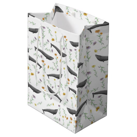 Floral Blue Whale Spring Illustration Pattern Medium Cadeauzakje (Voorkant Gekanteld)