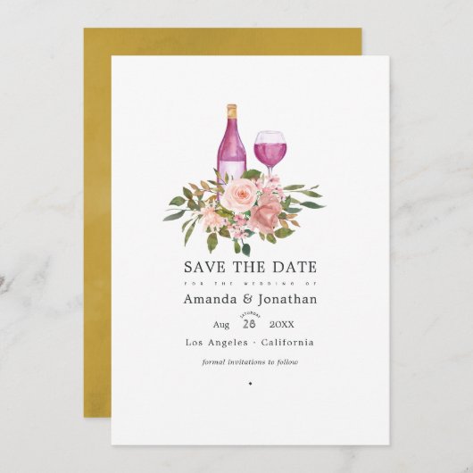 Floral Blush and Gold Wine Tasting Weddenschap Save The Date (Voorkant / Achterkant)