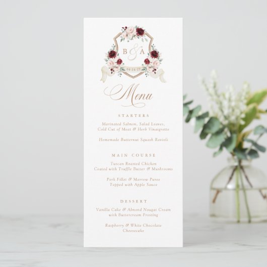 Floral Blush Bourgogne Vert Crest Mariage Menu (Debout devant)