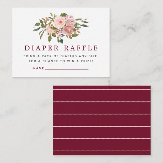 Floral Blush & Burgundy Baby shower Diaper Raffle Informatiekaartje (Voorkant / Achterkant)