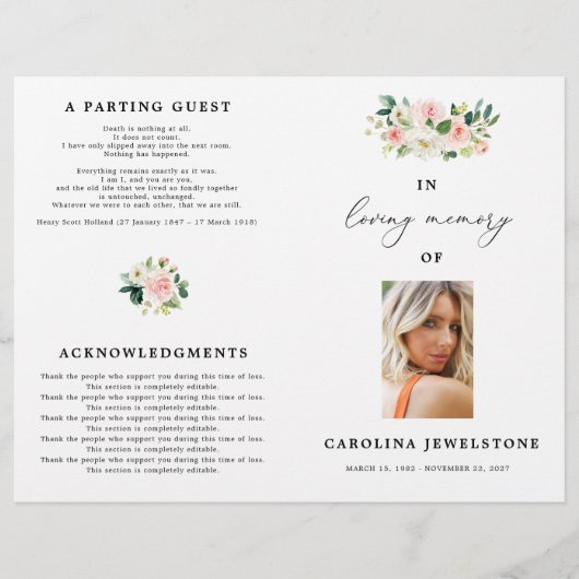 Floral Blush Celebration Of Life Programme (Devant)