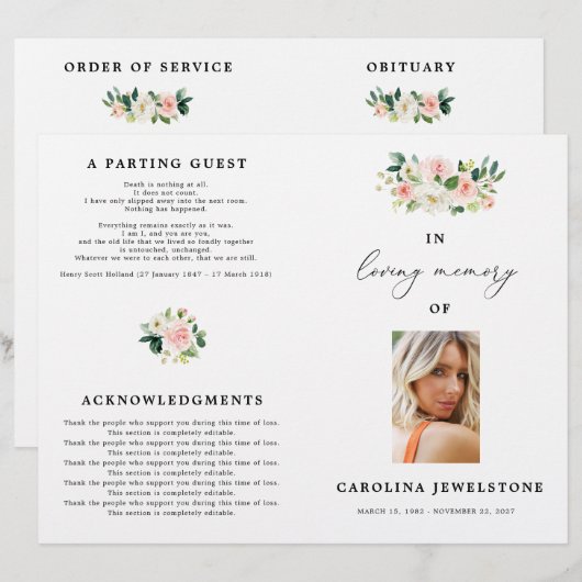 Floral Blush Celebration Of Life Programme (Devant / Derrière)
