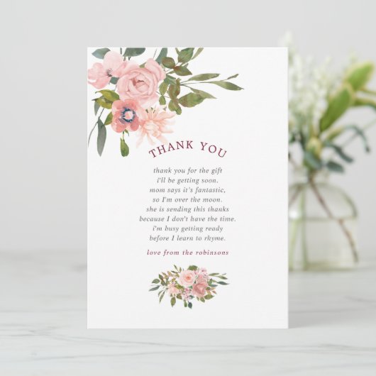 Floral Blush en Bourgondië Baby shower dank u Bedankkaart (Staand voorkant)