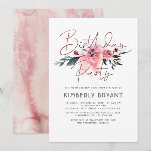 Floral Blush en Burgundy Birthday Party Kaart