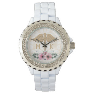 Floral Blush en Gold Doctor Monogram Horloge