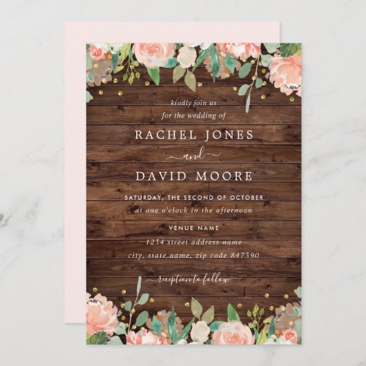 Floral Blush Gold Rustic Faire-part de mariage (Devant / Derrière)