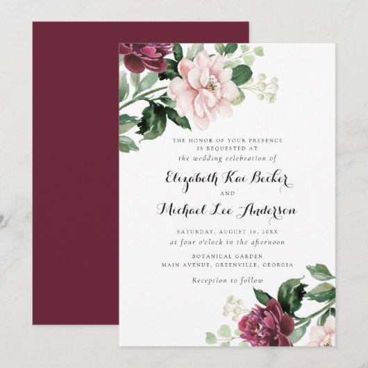 Floral Blush Merlot Greenery Elegant Wedding Kaart (Voorkant / Achterkant)
