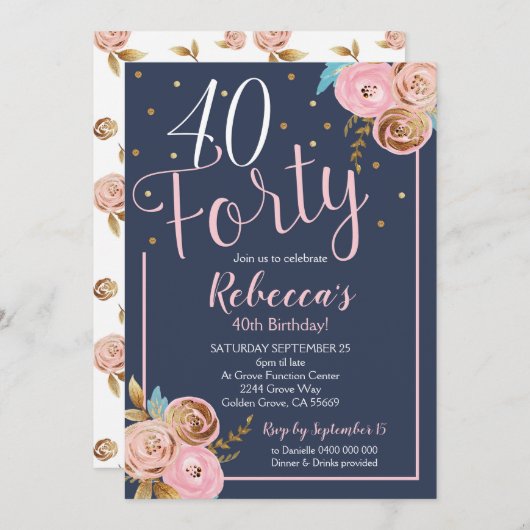 Floral Blush Navy 40e Invitation anniversaire 40e (Devant / Derrière)