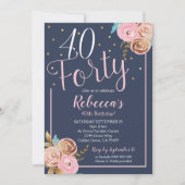Floral Blush Navy 40th Birthday Invitation 40th Kaart (Voorkant)