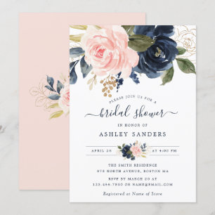 Floral Blush Navy Elegant Bridal Shower Invitation Kaart