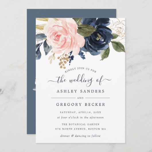 Floral Blush & Navy Elegant Typographie Invitation (Devant / Derrière)