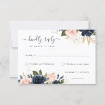 Floral Blush & Navy Elegante RSVP-kaart