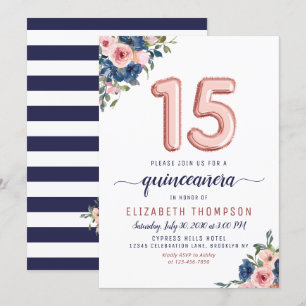 Floral Blush Navy Roos Gold Balloons Quinceañera Kaart
