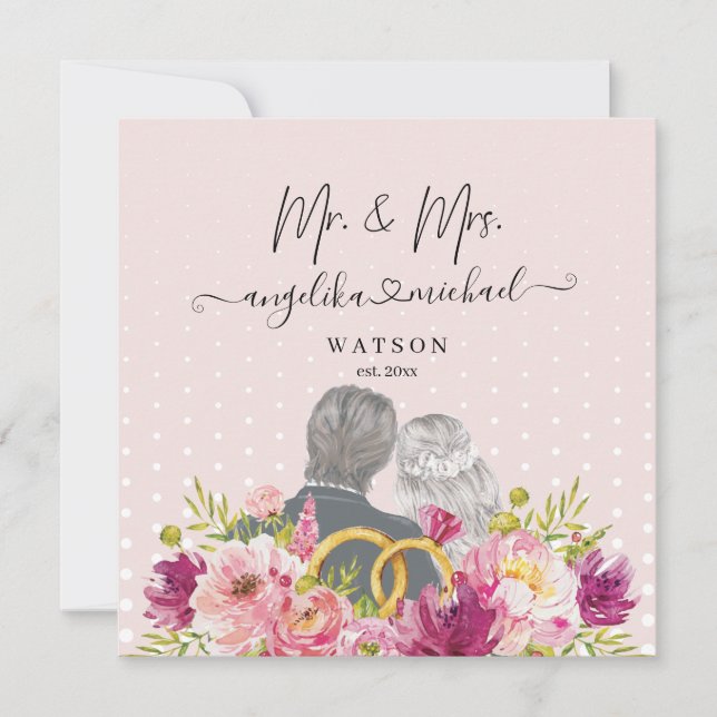 Floral Blush Peonies Trendy Script Mr. en Mrs. (Voorkant)