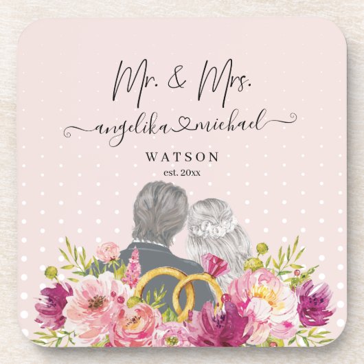 Floral Blush Peonies Trendy Script Mr. en Mrs. Bier Onderzetter (Voorkant)