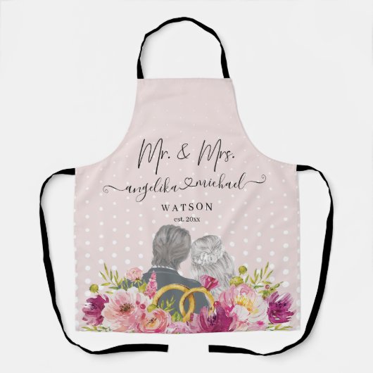 Floral Blush Peonies Trendy Script Mr. en Mrs. Schort (Voorkant)