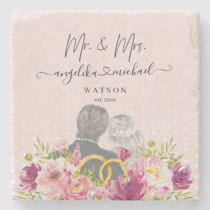 Floral Blush Peonies Trendy Script Mr. en Mrs. Stenen Onderzetter