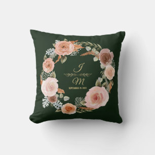 Floral Blush Peony laat Waterverf Forest Green Kussen