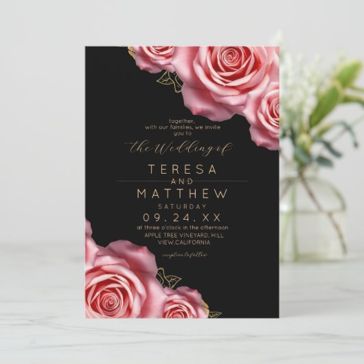 Floral Blush Pink and Black Modern Wedding Kaart (Staand voorkant)