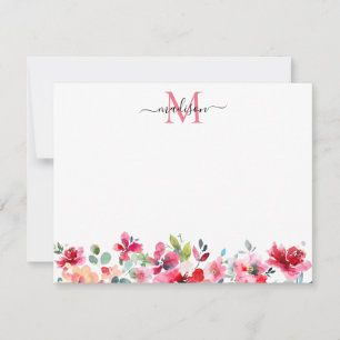Floral Blush Pink Burgundy Red Rose Monogram Notitiekaartje