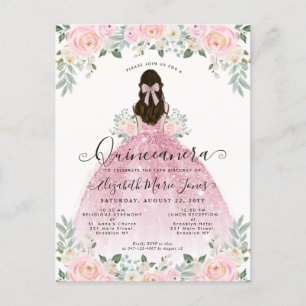 Floral Blush Pink Dress 15th Birthday Quinceanera Briefkaart
