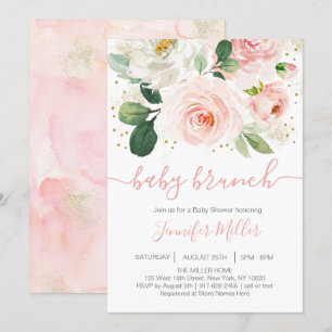 Floral Blush Pink & Gold Baby shower Brunch Kaart