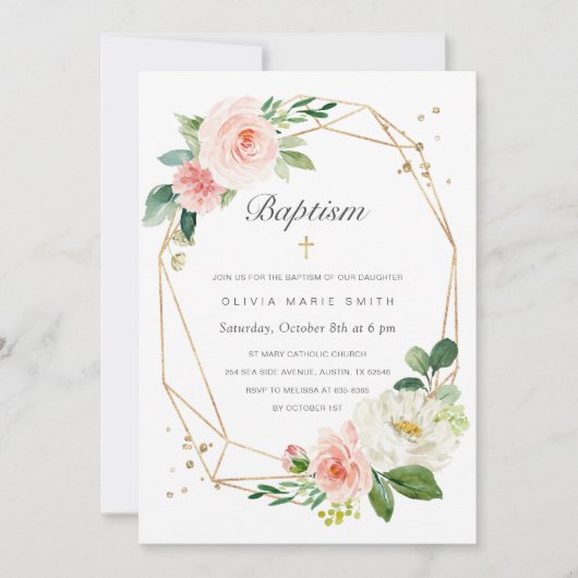 Floral Blush Pink Gold Baptism Invitation pour fil (Devant)