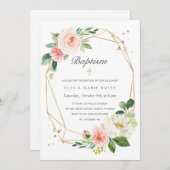 Floral Blush Pink Gold Baptism Invitation pour fil (Devant / Derrière)